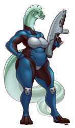  2024 anthro armor big_breasts blazbaros breasts clothing eel female fish green_body green_eyes gun hand_on_hip hi_res marine ranged_weapon solo thick_thighs weapon wide_hips 