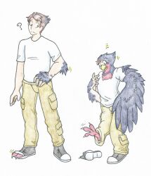  avian avian_feet beak chest_tuft claws clothing feather_growth feathers female feral gender_transformation generation_3_pokemon growth hi_res human looking_at_self loss_of_dexterity male mammal mtf_transformation nintendo open_mouth oversized_clothing pokemon pokemon_(species) question_mark rainbowraven shrinking simple_background size_transformation solo swellow torn_clothing transformation tuft white_background wing_growth wings 