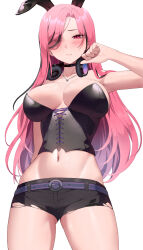  animal_ears bare_shoulders belt belt_buckle black_hair black_shorts black_tube_top blush breasts buckle closed_mouth collarbone commentary fake_animal_ears female fur-trimmed_jacket fur_trim headphones headphones_around_neck highres hololive hololive_english jacket jewelry large_breasts lessone long_hair looking_at_viewer mori_calliope mori_calliope_(9th_costume) multicolored_hair navel necklace open_clothes open_jacket pantyhose pink_eyes pink_hair purple_belt purple_jacket rabbit_ears short_shorts shorts simple_background solo stomach strapless streaked_hair torn_clothes torn_pantyhose tube_top virtual_youtuber white_background 