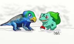  2017 3_claws 3_toes 4_claws 4_toes ambiguous_gender artist_name beak black_eyes black_text blue_body blue_tail brown_eyes bulb bulbasaur bulbasaurus_(genus) bulbasaurus_phylloxyron claws closed_smile colored dated dicynodont digital_drawing_(artwork) digital_media_(artwork) duo elemental_creature eye_contact fangs feet feral flora_fauna front_view generation_1_pokemon green_markings green_spots hi_res jono_april looking_at_another markings mouth_closed nintendo open_mouth open_smile pink_tongue plant pokeball pokemon pokemon_(species) prehistoric_species pupils quadruped same_name shadow side_view signature smile smiling_at_another spots standard_pokeball tail teal_body teeth text three-quarter_view toe_claws toes tongue white_pupils yellow_beak 