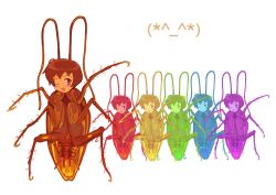  6_legs alunka ambiguous_gender antennae_(anatomy) arthropod blattodea blonde_hair blue_body blue_hair blush brown_body brown_hair cockroach colorful_theme emoticon feral green_body green_hair hair hi_res humanoid_face insects one_eye_closed purple_body purple_hair red_body red_hair short_hair smile solo white_body wings wink yellow_body 