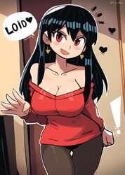  1girl asian big_breasts black_hair breasts collarbone earrings english_text female female_only heart light-skinned_female light_skin loid_forger looking_at_another open_mouth red_eyes smooth_skin solo speech_bubble spy_x_family tony_welt watermark yor_briar 