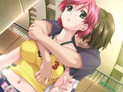  1boy 1girls boin female game_cg happoubi_jin hug hug_from_behind huge_breasts iihara_nao male midriff oppai pink_hair resort_boin short_hair straight 