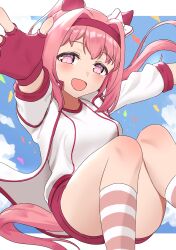  absurdres animal_ears bandaid bandaid_on_leg bow bulma_briefs buruma ear_bow ear_covers factory314 flower-shaped_pupils flower_in_eye gloves gym_uniform haru_urara_(bestest_prize)_(umamusume) haru_urara_(umamusume) headband highres horse_ears horse_girl horse_tail legs pink_buruma pink_hair pink_headband red_buruma red_gloves red_headband socks striped_clothes striped_socks symbol-shaped_pupils symbol_in_eye tail thighs umamusume 
