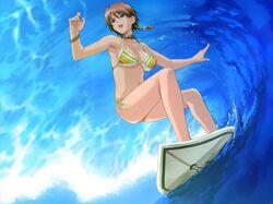  1girls boin bra bracelet braid breasts brown_hair dutch_angle female female_only game_cg happoubi_jin happy human jewelry kuouzumiaiginsusutakeizumonokamimeichoujin_mika mizugi ocean open_mouth resort_boin shitapai side-tie_bikini smile solo striped striped_bikini surfboard twin_braids underboob water 