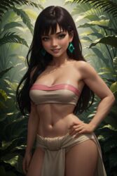  1girls 2:3 ai_generated bare_arms bare_midriff bare_shoulders black_hair brown_eyes chel crop_top daytime dreamworks earrings female female_only hand_on_hips jungle loincloth navel primo_aiart smile solo source_removed stable_diffusion strapless the_road_to_el_dorado thick_thighs 