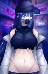  1girls arius_satellite_school_student arius_squad_(blue_archive) artist_name belly belly_button big_breasts blue_archive blue_eyes blue_hair breasts clothed clothed_female clothing confused confused_face crop_top facing_viewer faihara female female_only gloves hat head_turned highres huge_breasts innie_belly_button innie_navel jacket looking_at_viewer mask masked masked_female midriff navel saori_(blue_archive) standing stomach thick_thighs thighs tummy white_jacket 