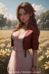  1girls 2:3 aerith_gainsborough ai_generated bracelets braid brown_hair cleavage clouds cropped_jacket daytime dress female female_only final_fantasy final_fantasy_vii flowers green_eyes hair_ribbon jacket necklace outdoors outside patreon_username pink_dress primo_aiart solo source_removed stable_diffusion standing trees 