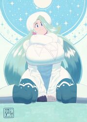  alternate_breast_size artist_logo blue_eyes chubby_female fully_clothed hardkoba huge_breasts looking_at_viewer melony_(pokemon) nintendo old_woman pokemon pokemon_ss white_hair 