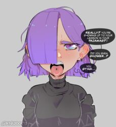  1girls complaining duolingo emo emo_girl english_text female female_only knuxy light-skinned_female light_skin lily_(duolingo) open_mouth pov purple_eyes purple_hair safe setup sweater text 