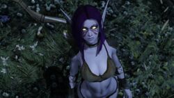  1girl 3d armor belly_button bow bra breasts cavalorn13 elf elf_ears facepaint female forest girl glowing_eyes grass leather_clothing long_ears night_elf pale_skin purple_hair skyrim the_elder_scrolls warcraft woman world_of_warcraft 