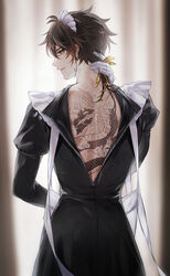  1boy back_tattoo eastern_dragon femboy godwkgodwk hickeys irezumi looking_at_viewer maid_headdress maid_uniform mob_hwan solo zhongli_(genshin_impact) 