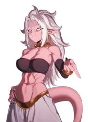  1girls abs android_21 arabian_clothes athletic athletic_female belly_button big_breasts black_nails dragon_ball dragon_ball_fighterz dragon_ball_z fit fit_female four_pack harem_outfit jewelry long_hair looking_down majin majin_android_21 muscular muscular_female navel pink_body pink_skin pointy_ears red_eyes spiked_hair spiky_hair tail white_hair zquung 