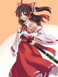  bad_id bad_pixiv_id bare_shoulders bow brown_eyes brown_hair detached_sleeves female hair_tubes hairbow hakurei_reimu katana musouzuki navel ponytail sheath sheathed solo sword touhou weapon 