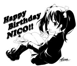  birthday bow cake cake_slice character_name cherry commentary_request dated eating english_text female food fork fruit greyscale hair_ribbon hairbow happy_birthday loafers long_hair looking_back love_live! love_live!_school_idol_project monochrome otonokizaka_school_uniform plate ribbon school_uniform shoes signature sitting solo tarian twintails winter_uniform yazawa_nico 