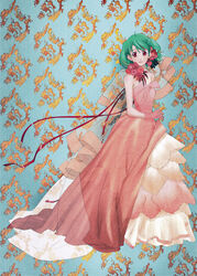  artist_request check_artist dress female flower gloves green_hair macross macross_frontier muse_(rainforest) ranka_lee red_eyes ribbon rococo_movement short_hair solo tapestry 