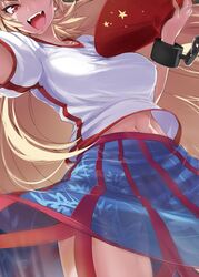  :d ario blonde_hair blue_skirt breasts chains collarbone commentary_request covered_nipples cuffs cup fangs female highres holding horns hoshiguma_yuugi large_breasts long_hair looking_at_viewer midriff navel open_mouth puffy_short_sleeves puffy_sleeves red_eyes sakazuki see-through shackles shirt short_sleeves single_horn skirt smile solo star_(symbol) striped_clothes striped_skirt taut_clothes taut_shirt touhou white_shirt 