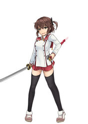  :d bad_id bad_pixiv_id black_ribbon black_thighhighs brown_eyes brown_hair commentary_request etou_kanami female full_body hair_between_eyes hair_ribbon katana looking_at_viewer minoseki_gakuin_uniform one_side_up open_mouth photoshop_(medium) red_skirt remy_(s_remy) ribbon scabbard school_uniform sheath short_hair sidelocks simple_background skirt smile smirk smug solo sword thighhighs toji_no_miko weapon white_background zettai_ryouiki 