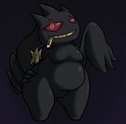  banette body_zipper breasts female generation_3_pokemon humanoid looking_at_viewer nintendo pokemon pokemon_(species) simple_background smile solo standing trapmagius zipper zipper_mouth 