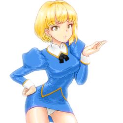  agent_aika aika_(series) ascot asymmetrical_hair blonde_hair blue_delmo blue_delmo_(cosplay) blue_jacket blue_skirt blunt_bangs breasts cameltoe closed_mouth commentary_request cosplay delmogeny_uniform eyelashes female green_eyes hand_on_own_hip hand_up idolmaster idolmaster_cinderella_girls jacket juliet_sleeves lipstick long_sleeves looking_at_viewer makeup medium_breasts miyamoto_frederica nopa-so panties pantyshot pencil_skirt pink_lips puffy_sleeves short_hair sidelocks simple_background skirt solo standing swept_bangs taut_clothes taut_jacket underwear uniform white_background white_panties 