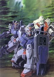  ground_gm ground_gundam gun gundam gundam_08th_ms_team mecha official_art ookawara_kunio shield tree trees weapon 