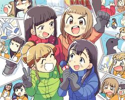  +++ 4girls :d ^_^ animal arm_up bird black_gloves black_hair blue_coat blunt_bangs braid brown_eyes brown_hair clenched_hand closed_eyes coat commentary_request gloves green_coat grin kobuchizawa_shirase laughing long_hair long_sleeves looking_at_another looking_at_viewer microphone miyake_hinata multiple_girls open_mouth orange_coat penguin photo_(object) protected_link red_coat shiraishi_yuzuki short_hair smile snow sora_yori_mo_tooi_basho sparkle star_(symbol) straight_hair tamaki_mari tears teeth tsubobot v-shaped_eyebrows winter_clothes yawning 