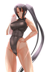  black_hair breasts brown_eyes commentary_request competition_swimsuit female highres kantai_collection large_breasts long_hair nachi_(kancolle) one-piece_swimsuit rokushiru_(muzai-p) side_ponytail standing swimsuit towel 