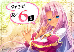  blue_eyes blush breasts center_opening chinese_clothes cleavage countdown dark-skinned_female dark_skin detached_sleeves dress female hair_intakes hikage_eiji koihime_musou large_breasts long_hair official_art pink_hair smile solo sonken underboob upper_body v very_long_hair 