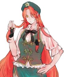  alternate_eye_color asakura_noi beret braid chinese_clothes commentary_request female hand_on_own_hip hat hat_ornament hong_meiling long_hair looking_at_viewer puffy_sleeves red_hair solo star_(symbol) star_hat_ornament touhou twin_braids very_long_hair yellow_eyes 