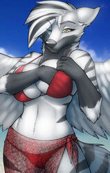  2014 anthro avoid_posting bra breasts canid canine canis clothing female mammal solo stripes strype tempest_omega thong underwear wings wolf yellow_eyes 