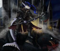  anthro armor axe battle_axe beast_(bloodborne) black_body black_fur blood bloodborne blue_highlights bodily_fluids boots canid canine canis castle cathedral church cloak clothed clothing dangs death duo female fish footwear fromsoftware fur furgonomics glowing glowing_eyes grey_body hair hi_res highlights_(coloring) lying mammal marine melee_weapon monster mythological_canine mythological_creature mythology neltharion290 no_pupils open_mouth outside scourge_beast_(bloodborne) shark sharp_teeth solo_focus sony_corporation sony_interactive_entertainment standing teeth the_hunter_(bloodborne) weapon were werecanid werecanine werewolf white_eyes wolf wraps yellow_eyes 