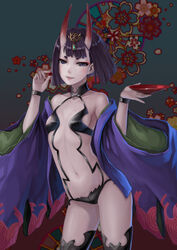  :d absurdres alcohol bikini black_bikini black_eyes black_hair cherry commentary cup fate/grand_order fate_(series) female food fruit fuuko_chan hair_ornament highres holding horns looking_at_viewer navel oni open_mouth parted_lips revealing_clothes sakazuki sake shuten_douji_(fate) shuten_douji_(first_ascension)_(fate) skin-covered_horns smile solo swimsuit 