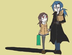  2girls bag baguette black_gloves blue_hair blush bread carol_(skullgirls) casual coat commentary_request denim eyepatch food gloves holding_hands jeans multiple_girls nyoro_mutou painwheel_(skullgirls) pants red_eyes shopping_bag skullgirls smile thighhighs valentine_(skullgirls) walking 