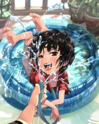  1boy bad_id bad_pixiv_id barefoot big_hero_6 black_hair bottomless brown_eyes full_body hiro_hamada hose male_focus open_mouth pov sexually_suggestive shiogochi smile solo_focus wading_pool water wet 