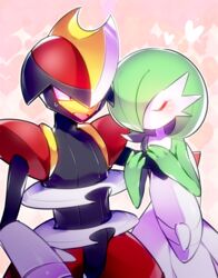  bisharp black_eyes blush bob_cut closed_eyes colored_skin gardevoir grabbing_another&#039;s_arm green_hair hair_over_one_eye heart heart_background helmet multicolored_skin open_mouth pokemon pokemon_(creature) sweatdrop takashino_(noni-nani) two-tone_skin white_skin 