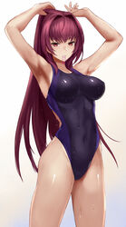  adjusting_hair alternate_costume armpits arms_up black_one-piece_swimsuit breasts breasts_apart clenched_teeth commentary_request competition_swimsuit covered_navel cowboy_shot fate/grand_order fate_(series) female gradient_background hair_intakes hair_tie hair_tie_in_mouth highres hip_focus impossible_clothes impossible_swimsuit jirusu large_breasts legs_apart long_hair looking_at_viewer mouth_hold one-piece_swimsuit parted_lips purple_hair red_eyes scathach_(fate) shiny_clothes skin_tight solo standing swimsuit teeth thighs tying_hair very_long_hair wet wet_clothes wet_swimsuit 