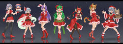  6+girls animal_ears bad_id bad_pixiv_id black_pantyhose black_thighhighs blonde_hair blue_eyes braid breasts cake cat_ears cat_tail food gloves green_eyes green_hair grey_hair hat heart heart_tail highres izayoi_sakuya kaenbyou_rin kemonomimi_mode kochiya_sanae konpaku_youmu large_breasts maid_headdress medium_breasts mononobe_no_futo multiple_girls musouzuki navel oerba_yun_fang one_eye_closed pantyhose purple_hair red_eyes red_hair reisen_udongein_inaba remilia_scarlet santa_costume santa_gloves santa_hat stage_connection tail thighhighs tiger_ears tiger_tail toramaru_shou touhou toyosatomimi_no_miko twin_braids underboob yellow_eyes 