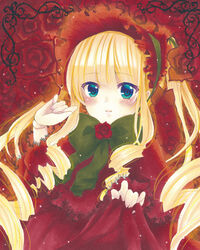  blonde_hair blue_eyes blush bonnet bow bowtie closed_mouth commentary_request doll_joints drill_hair female fingernails flower green_bow green_bowtie hand_up highres joints lolita_fashion long_hair long_sleeves looking_at_viewer mimi_(mini1474) red_flower red_rose ringlets rose rozen_maiden shinku smile solo thorns twin_drills 