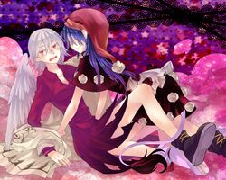  2girls blue_hair chinese_commentary commentary_request covering_face cowgirl_position doremy_sweet dress fangs feathered_wings grey_hair hat kishin_sagume ko_kita looking_to_the_side multiple_girls nightcap open_mouth pom_pom_(clothes) purple_dress red_eyes short_dress short_hair short_sleeves single_wing tail tapir_tail touhou unworn_clothes wings yuri 