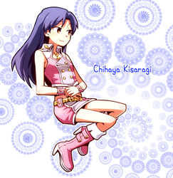  boots character_name commentary_request female idolmaster idolmaster_(classic) kisaragi_chihaya long_hair nightea photoshop_(medium) pink_diamond_765_(idolmaster) pink_footwear smile solo 