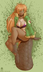  anthro avencri beaver big_breasts bikini blonde_hair breasts brown_body brown_fur buckteeth clothing digital_media_(artwork) feet female fio_(avencri) fur green_eyes hair jacket long_hair mammal membrane_(anatomy) rodent simple_background smile solo swimwear teeth toes topwear webbed_feet 