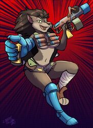  2017 anthro blizzard_entertainment breasts canid combatraccoon cosplay female hi_res junkrat mammal roxia_(dtjames) solo under_boob warcraft were werecanid worgen 