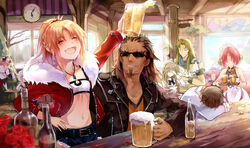  4girls 6+boys :d achilles_(fate) alcohol amicis_(amisic) anger_vein astolfo_(fate) bar_(place) beer beer_bottle beer_mug blonde_hair breasts brown_hair caules_forvedge_yggdmillennia chiron_(fate) cleavage clock closed_eyes commentary covering_own_eyes cup english_commentary facial_hair fate/apocrypha fate_(series) fiore_forvedge_yggdmillennia flower frankenstein&#039;s_monster_(fate) fur-trimmed_jacket fur_trim goatee grey_hair hair_ornament hair_over_eyes hair_ribbon hand_on_own_hip highres horns jack_the_ripper_(fate/apocrypha) jacket karna_(fate) leather leather_jacket long_hair mechanical_horns mordred_(fate) mordred_(fate/apocrypha) mordred_(memories_at_trifas)_(fate) mug multiple_boys multiple_girls navel open_clothes open_jacket open_mouth photoshop_(medium) pink_hair red_flower red_jacket red_rose ribbon rose scar scar_across_eye scar_on_face shishigou_kairi short_ponytail single_horn small_breasts smile strapless sunglasses table tray tube_top white_hair 