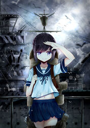  artillery backpack bag black_gloves blue_eyes commentary_request daikazoku63 destroyer female fubuki_(destroyer) fubuki_(kancolle) gloves historical_name_connection kantai_collection looking_at_viewer military military_vehicle name_connection navel object_namesake photoshop_(medium) railing rigging salute school_uniform serafuku ship short_hair skirt smile smokestack solo standing torpedo torpedo_launcher torpedo_tubes turret vehicle_and_personification warship watercraft 