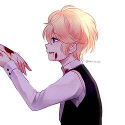  1boy blonde_hair blood blue_eyes diabolik_lovers fangs formal from_side half-closed_eyes hand hand_holding lolicon male_focus manmosu open_mouth petite profile sakamaki_shuu smile solo_focus twitter_username upper_body vampire younger 