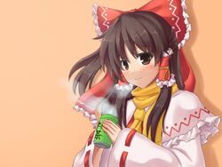  bad_id bad_pixiv_id blush bow brown_eyes brown_hair capelet female hair_tubes hairbow hakurei_reimu musouzuki ponytail scarf solo tea touhou wide_sleeves 