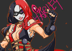  ask batman_(series) breasts cleavage dc_comics domino_mask female fingerless_gloves gloves harley_quinn injustice:_gods_among_us lipstick makeup twintails wink 