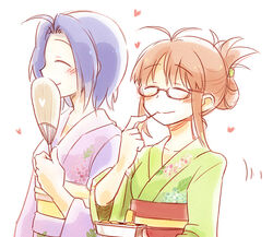  2girls akizuki_ritsuko blue_hair blush brown_hair closed_eyes commentary_request eating folded_ponytail glasses heart idolmaster idolmaster_(classic) idolmaster_2 japanese_clothes kimono miura_azusa multiple_girls nightea photoshop_(medium) short_hair simple_background smile white_background yukata 