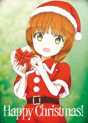  alternate_costume belt black_belt blurry blurry_background brown_eyes brown_hair capelet christmas commentary_request dress english_text female gift girls_und_panzer hat head_tilt holding holding_gift light_blush looking_at_viewer merry_christmas nishizumi_miho open_mouth red_capelet red_dress red_hat santa_costume santa_hat shibagami short_hair smile snow solo upper_body 