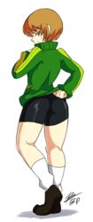  ass bad_id bad_tumblr_id bigdead bike_shorts brown_eyes brown_hair closed_mouth commission female from_behind full_body green_jacket highres jacket loafers long_sleeves persona persona_4 satonaka_chie shoes short_hair skin_tight smile smirk socks solo standing track_jacket 